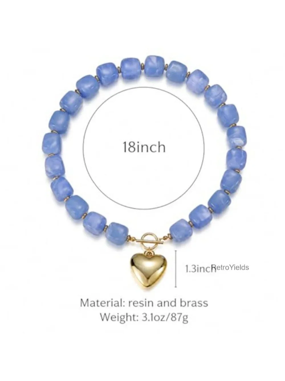 Chunky Heart Pendant Necklace 14K Gold Plated Resin Beaded Toggle Clasp Women